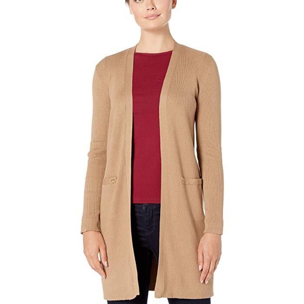 Lauren Ralph Lauren Open Front Cardigan Sweater Ribbed Knit Tan Brown Womens M - Picture 2 of 12